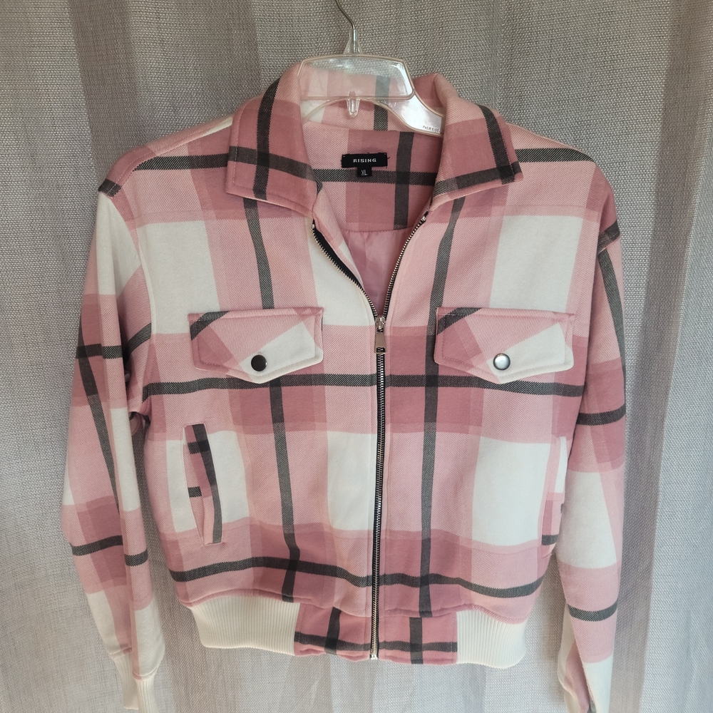 Rising International Plaid Bomber Jacket Pink & Cream Checked Women's Size XL